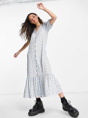Topshop Pale Blue Floral Button-Front Midi Dress US 12